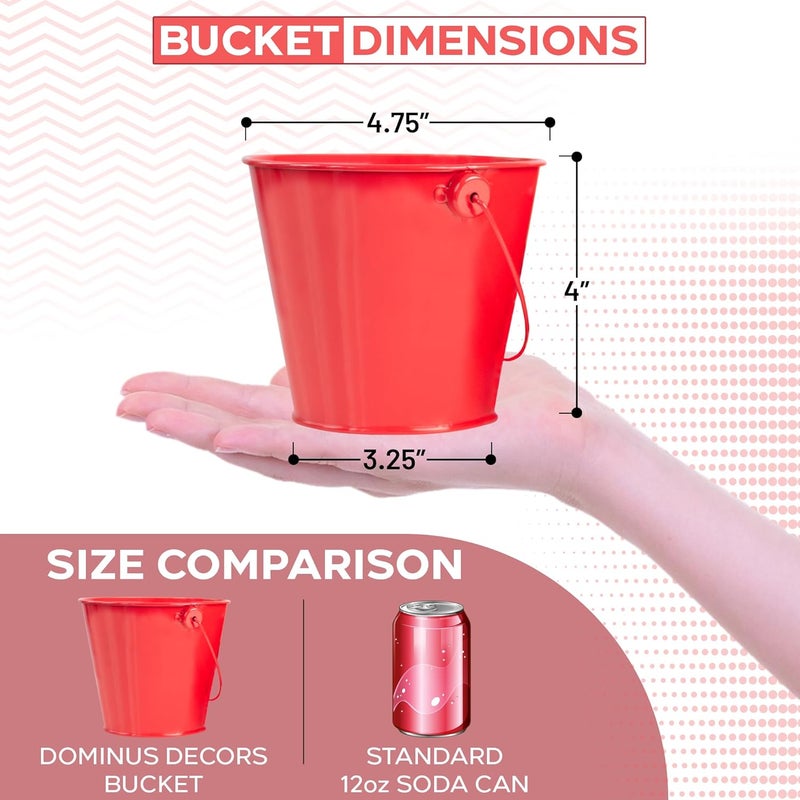 Dominus Decors Small Metal Buckets with Handles - Rust Resistant Leak-Proof Mini Tin Buckets for Classroom, Party Favors, Organization, Weddings, Gardening - Set of 6, Red - Image 2